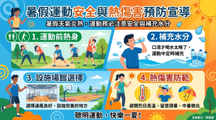 暑假期間天氣炎熱，從事戶外運動請注意水分補充與熱傷害預防。